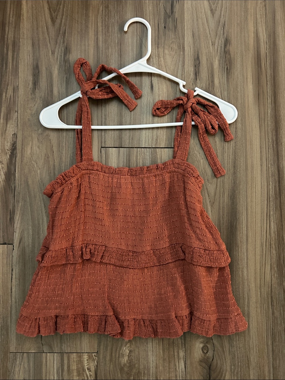 Rust Tie-Shoulder Ruffle Tank Top - Women